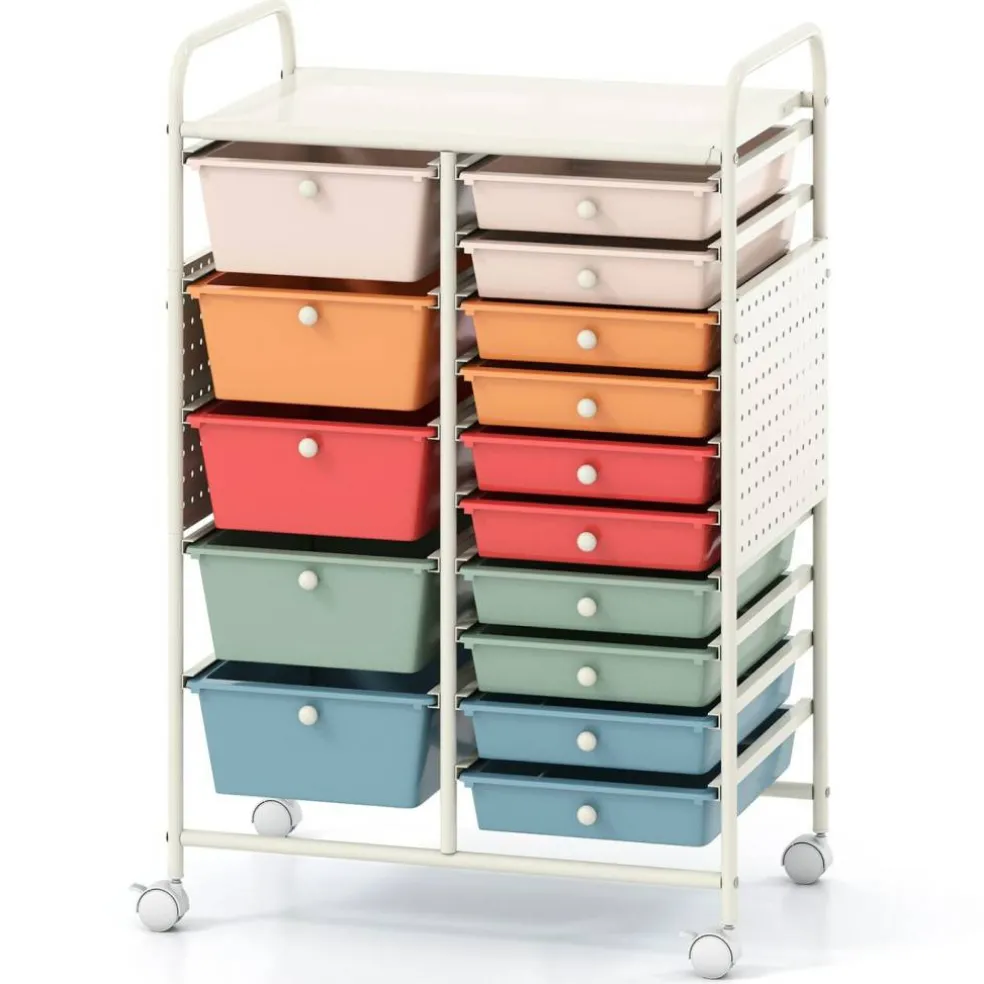 Rolling Storage Cart with 15 Drawers, Mobile Organizer with Pegboard, Removable Drawers, Metal Frame, 360° Casters