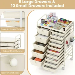Rolling Storage Cart with 15 Drawers, Mobile Organizer with Pegboard, Removable Drawers, Metal Frame, 360° Casters