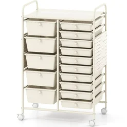 Rolling Storage Cart with 15 Drawers, Mobile Organizer with Pegboard, Removable Drawers, Metal Frame, 360° Casters