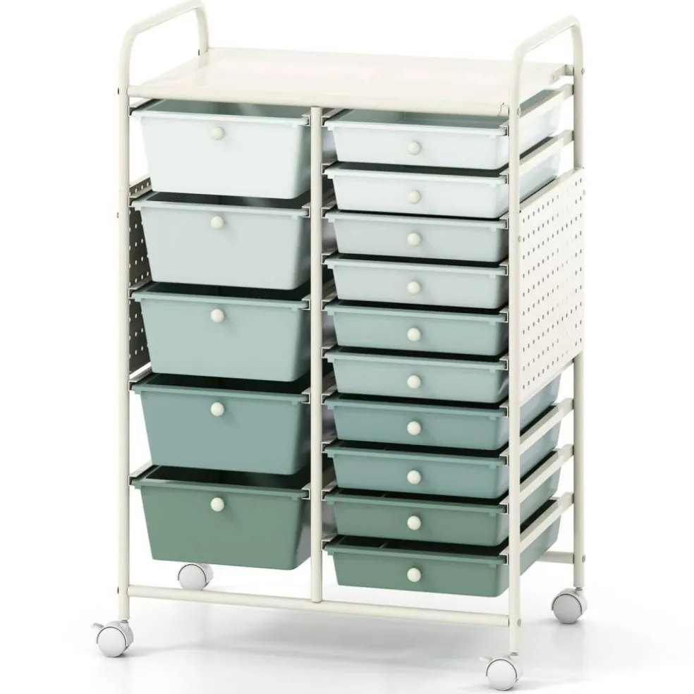 Rolling Storage Cart with 15 Drawers, Mobile Organizer with Pegboard, Removable Drawers, Metal Frame, 360° Casters