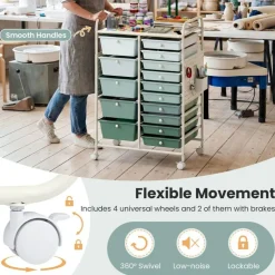 Rolling Storage Cart with 15 Drawers, Mobile Organizer with Pegboard, Removable Drawers, Metal Frame, 360° Casters