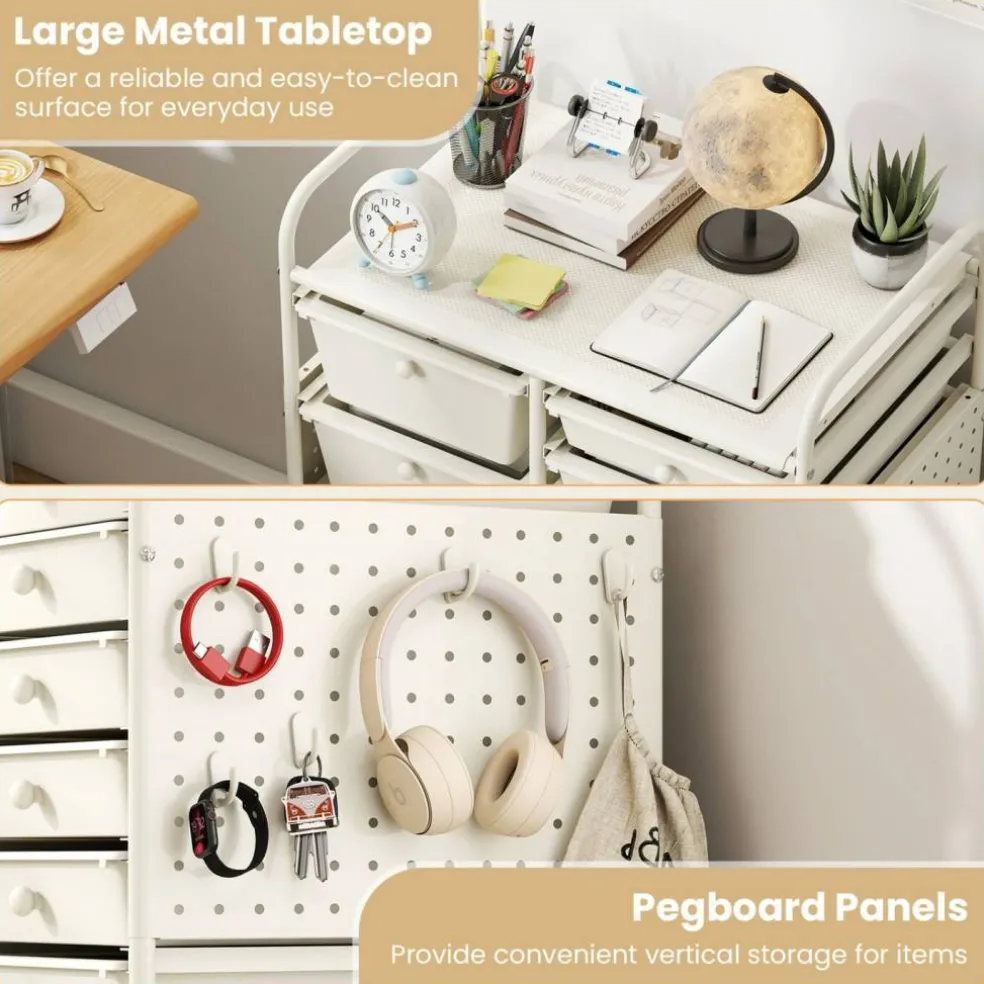 Rolling Storage Cart with 15 Drawers, Mobile Organizer with Pegboard, Removable Drawers, Metal Frame, 360° Casters