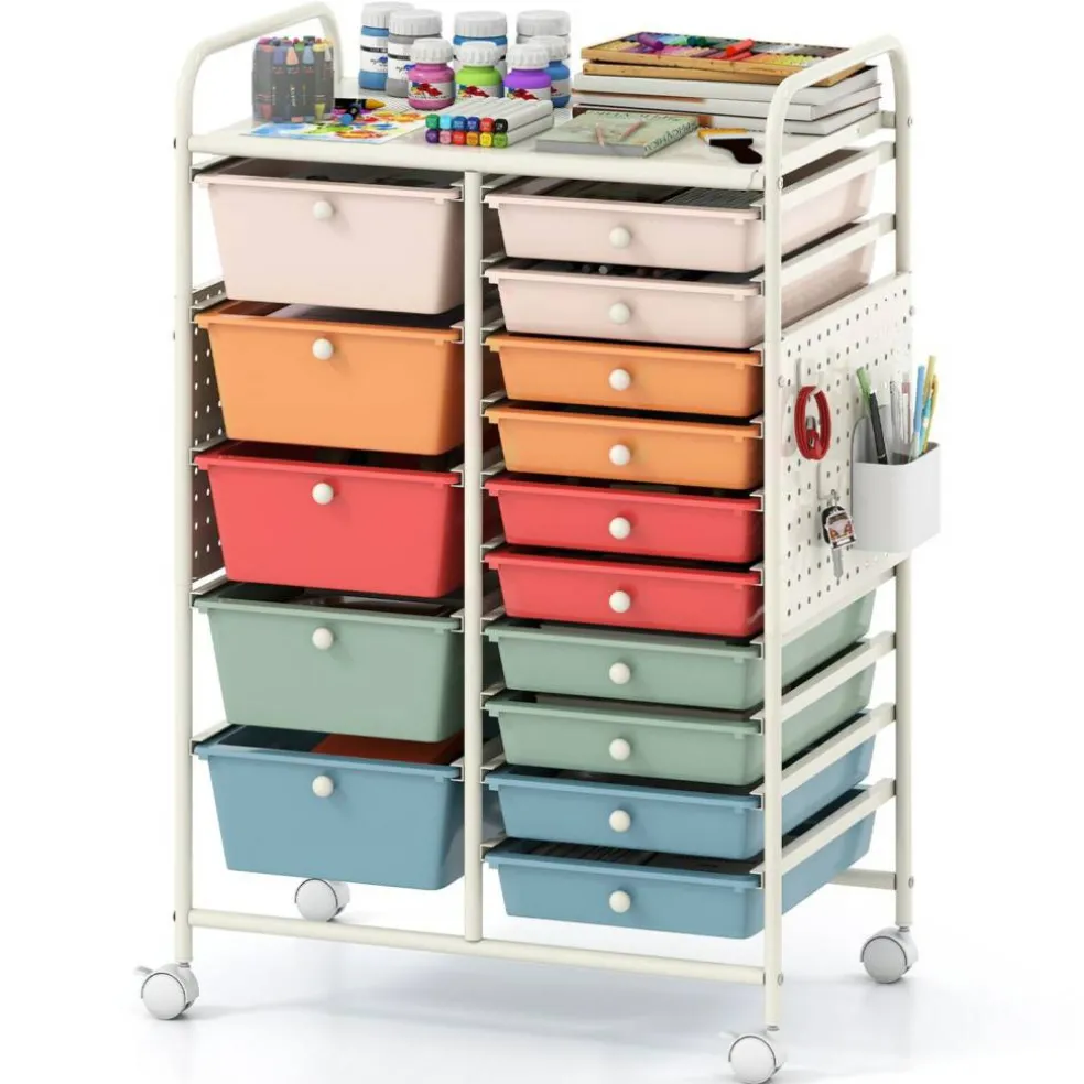 Rolling Storage Cart with 15 Drawers, Mobile Organizer with Pegboard, Removable Drawers, Metal Frame, 360° Casters