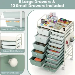 Rolling Storage Cart with 15 Drawers, Mobile Organizer with Pegboard, Removable Drawers, Metal Frame, 360° Casters
