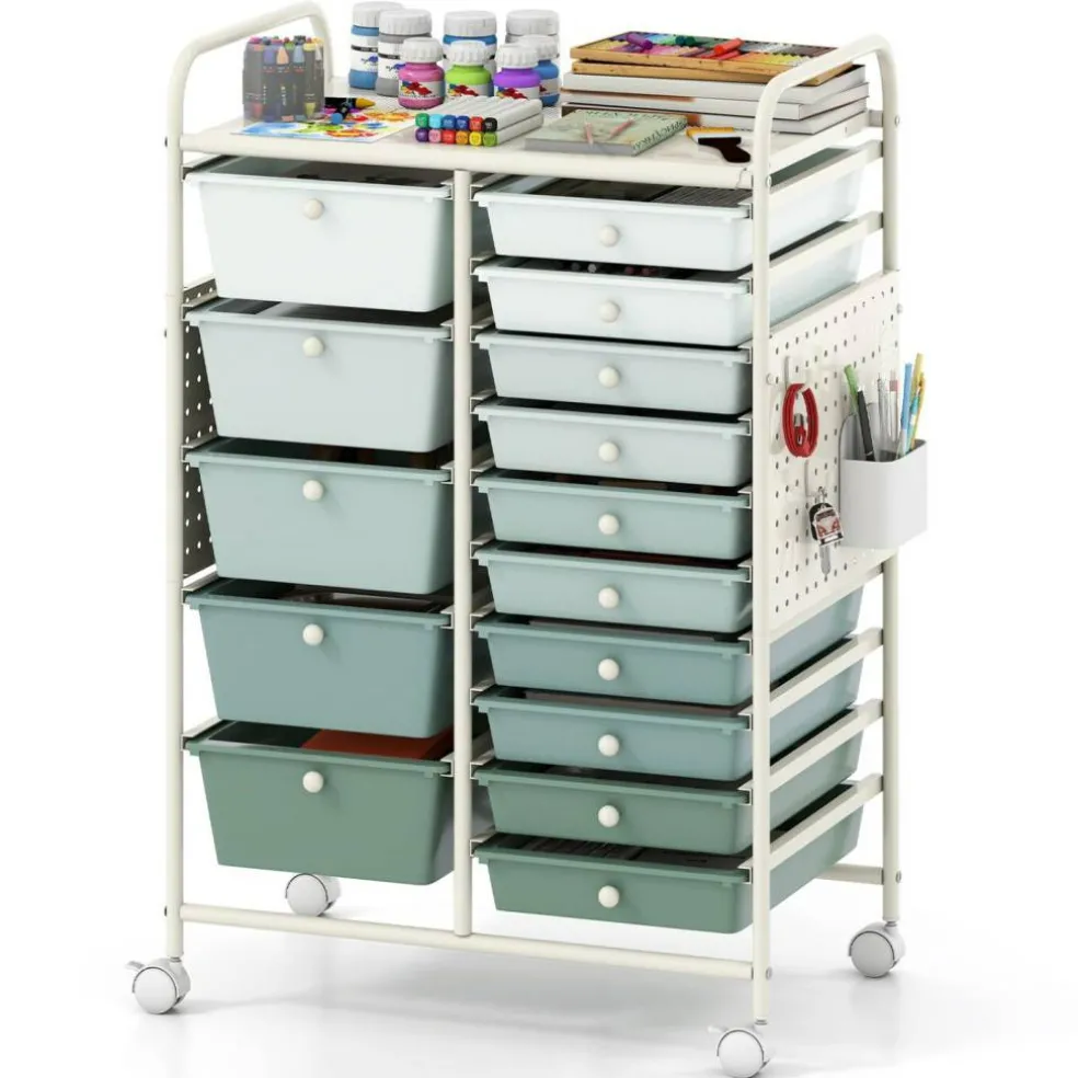 Rolling Storage Cart with 15 Drawers, Mobile Organizer with Pegboard, Removable Drawers, Metal Frame, 360° Casters
