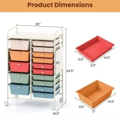 Rolling Storage Cart with 15 Drawers, Mobile Organizer with Pegboard, Removable Drawers, Metal Frame, 360° Casters