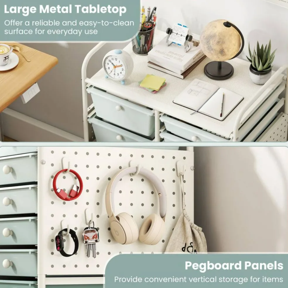 Rolling Storage Cart with 15 Drawers, Mobile Organizer with Pegboard, Removable Drawers, Metal Frame, 360° Casters