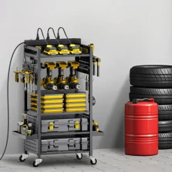 Rolling Tool Cart with Power Strip, 5 Tier Garage Organizer Cart with 8 AC Outlets, Drill Holder and Locking Wheels for Workshop Storage