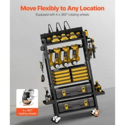 Rolling Tool Cart with Power Strip, 5 Tier Garage Organizer Cart with 8 AC Outlets, Drill Holder and Locking Wheels for Workshop Storage