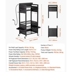 Rolling Tool Cart with Power Strip, 5 Tier Garage Organizer Cart with 8 AC Outlets, Drill Holder and Locking Wheels for Workshop Storage