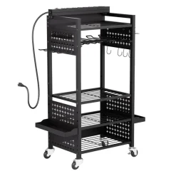 Rolling Tool Cart with Power Strip, 5 Tier Garage Organizer Cart with 8 AC Outlets, Drill Holder and Locking Wheels for Workshop Storage