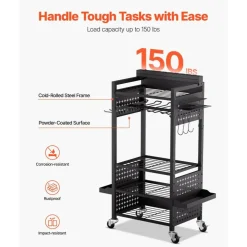 Rolling Tool Cart with Power Strip, 5 Tier Garage Organizer Cart with 8 AC Outlets, Drill Holder and Locking Wheels for Workshop Storage
