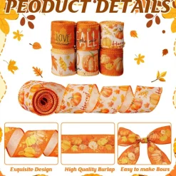 6 Rolls Fall Wired Edge Ribbon 2 Inch x 30 Yards Orange