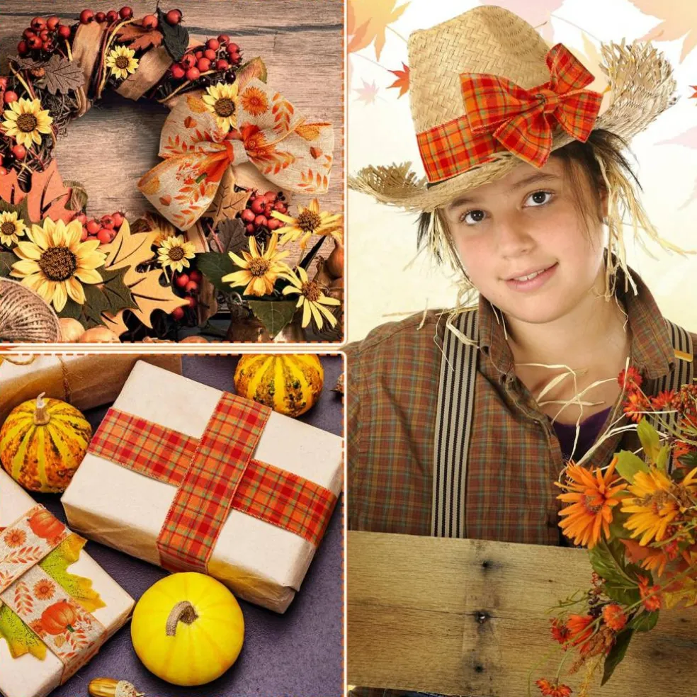 3 Rolls Fall Wired Ribbon, Pumpkin Plaid, for Wreaths Bow Craft