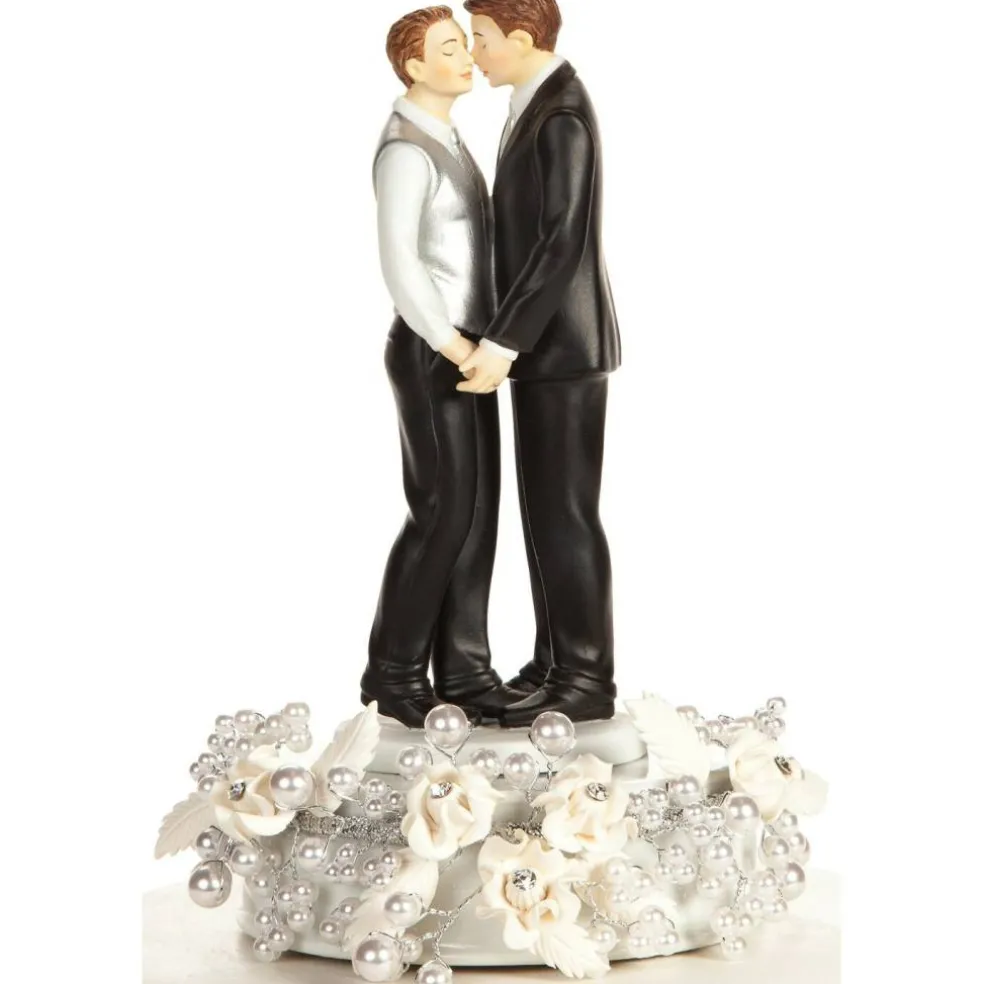 Romance Gay Rose Pearl Wedding Cake Topper (Silver)