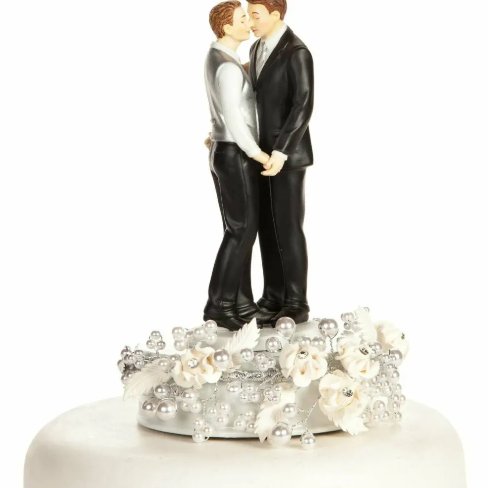 Romance Gay Rose Pearl Wedding Cake Topper (Silver)