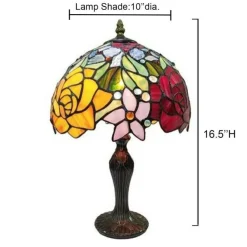 Rose Flower Genuine Stained Glass Table Lamp with Antique Bronze Zinc Cast Base 16.5x10x10 inches Décor for Living Room, Bedroom, Office, & More