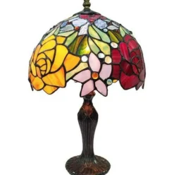 Rose Flower Genuine Stained Glass Table Lamp with Antique Bronze Zinc Cast Base 16.5x10x10 inches Décor for Living Room, Bedroom, Office, & More