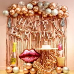 Rose Gold birthday decorations for women ，happy birthday party decorations for girls，Rose Gold Fringe Curtain，happy birthday banner， balloon letters