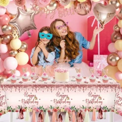 Rose Gold Birthday Party Decoration, 91 PCS Happy Birthday Pink Party Supplies for Girls Women (Banner Backdrop Tablecloth Fringe Curtains Balloons Garland Paper Tassels Garland Paper Pompoms)