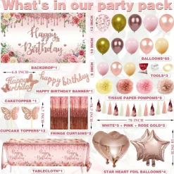 Rose Gold Birthday Party Decoration, 91 PCS Happy Birthday Pink Party Supplies for Girls Women (Banner Backdrop Tablecloth Fringe Curtains Balloons Garland Paper Tassels Garland Paper Pompoms)