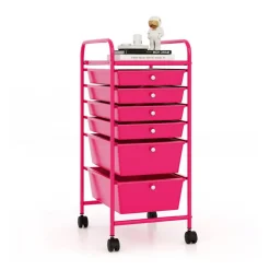 Rose Red Steel Storage Cart with 6 Drawers 4 Wheels and Plastic Bins for Bathrooms or Kitchen
