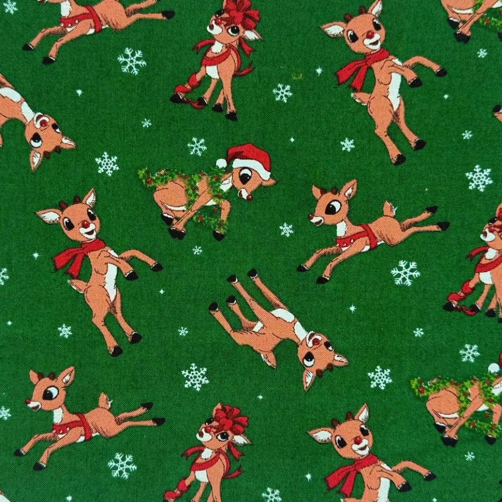 Rudolph the Red-Nosed Reindeer Green Cotton Quilting Fabric