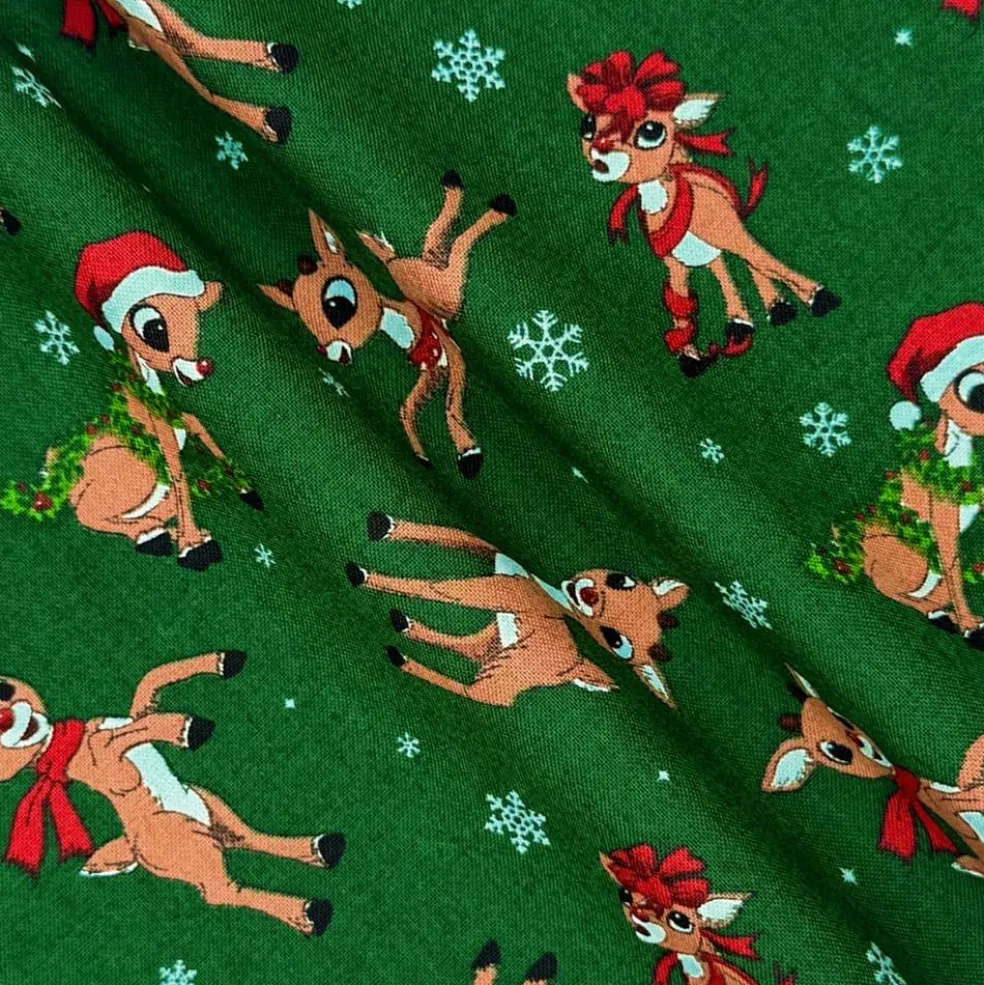 Rudolph the Red-Nosed Reindeer Green Cotton Quilting Fabric