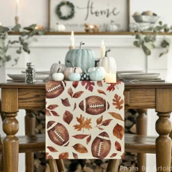 Rugby Maple Leaves Football Fall Table Runner – 13×72 Inch Autumn Harvest Seasonal Kitchen Dining Table Decor for Home Party, Thanksgiving & Farmhouse Decoration