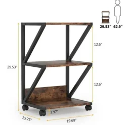 Rustic Brown-Black Wood and Metal 3-Tier Printer Stand on Wheels
