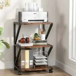 Rustic Brown-Black Wood and Metal 3-Tier Printer Stand on Wheels
