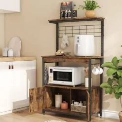 Rustic Brown Engineered Wood Bakers Rack with Adjustable Height and Industrial Design
