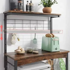 Rustic Brown Engineered Wood Bakers Rack with Adjustable Height and Industrial Design
