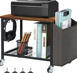Rustic Brown 2-Tier Printer Cart with Wheels & Storage Bag