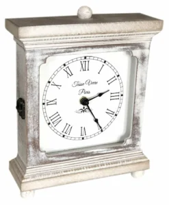Rustic Shelf Clock (Quiet) for Living Room Mantel, Table, Or Desk 9" X 7" Farmhouse Decor Distressed White Washed Wood Silent - Office Fireplace. AA Battery Operated Non-Digital, Tan