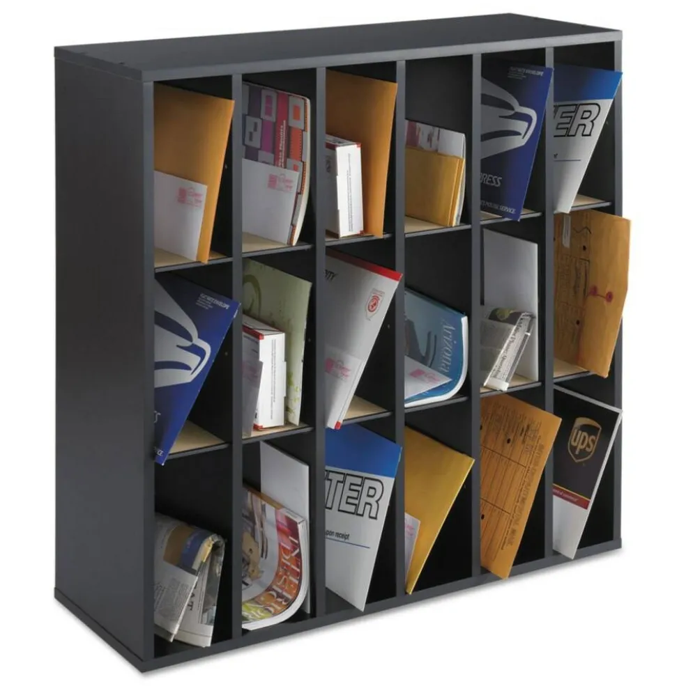 Safco 33.75 in. x 12 in. x 32.75 in. 18 Compartments Stackable Wood Mail Sorter with Adjustable Dividers - Black