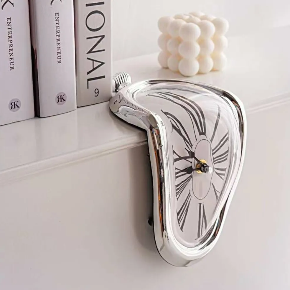 Salvador Dali Melting Clock, Watch Melted Clock for Decorative Home Office Shelf Desk Table Funny Creative Gift, Rome Silver