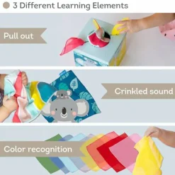 Sensory Crinkle Tissue Box for Toddlers. STEM Montessori Toy with Colorful Soft Scarves and Crinkling Blankies