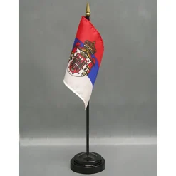 Serbia Desk Flag with Base; American Made Rayon 4x6 inch Miniature Table Set Includes One Small Mini Country Stick Flags and One Black Stand