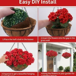 2 Set Artificial Geranium Hanging Baskets for Outdoors – 16 Pcs UV Resistant Faux Geranium Flowers, Fake Hanging Plants for Front Porch, Garden, Balcony, Patio & Yard Decor