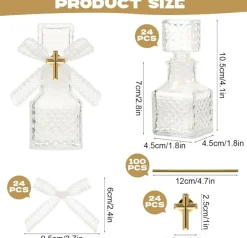 24 Set Holy Water Bottles with Cross Pins and Lace Bows, 50ml Glass Religious Favor Containers with Cork for Baptism First Communion Wedding Church Party Gifts