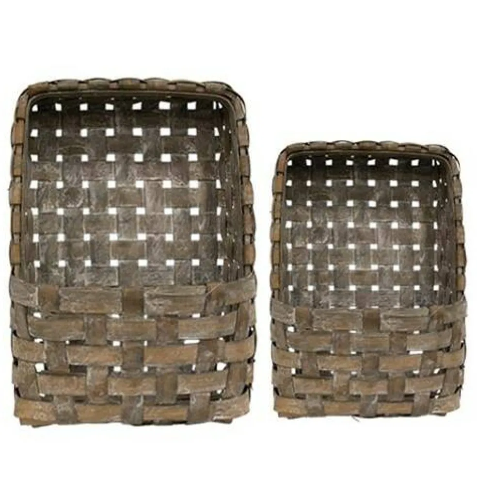 Set of 2 Aged Tobacco Wall Pocket Baskets Rustic Wood Wall Storage Organizer