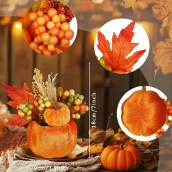 Set of 6 Artificial Pumpkins Decorations, Decorative Fabric Orange Pumpkin with Maple Berry Acorn Pine Cone Vegetables for Fall Thanksgiving Harvest Party Home Tabletop