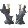 Set of 2 Black Draped Ghost Holding Gold Taper Candleholders