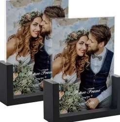 Set of 2 Black U-Shaped 5x7 Picture Frames, Double-Sided Wooden Photo Frame with HD Glass, Rustic Tabletop Display Stand for Photos, Menus & Sign Holder Decor