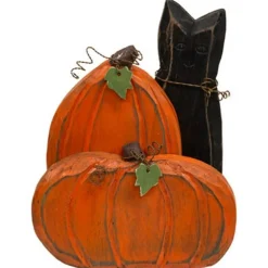 Set of 2 - Carved Wooden Pumpkin and Black Cat Sitter Fall Halloween Tabletop Decor with Rustic Wire and Leaf Accents Freestanding Seasonal Display 9.5 Inch