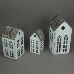 Set of 3 Country Farmhouse Galvanized Metal House Shaped Votive Candle Holders