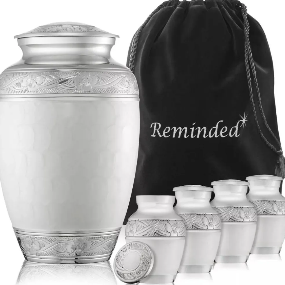 Set of 5 Decorative Cremation Urns for Human Ashes - 1 Adult + 4 Keepsake, White
