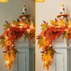 Set of 2 Fall Lighted Maple Leaves Wreath/Garland with Timer