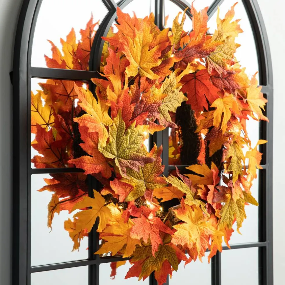 Set of 2 Fall Lighted Maple Leaves Wreath/Garland with Timer